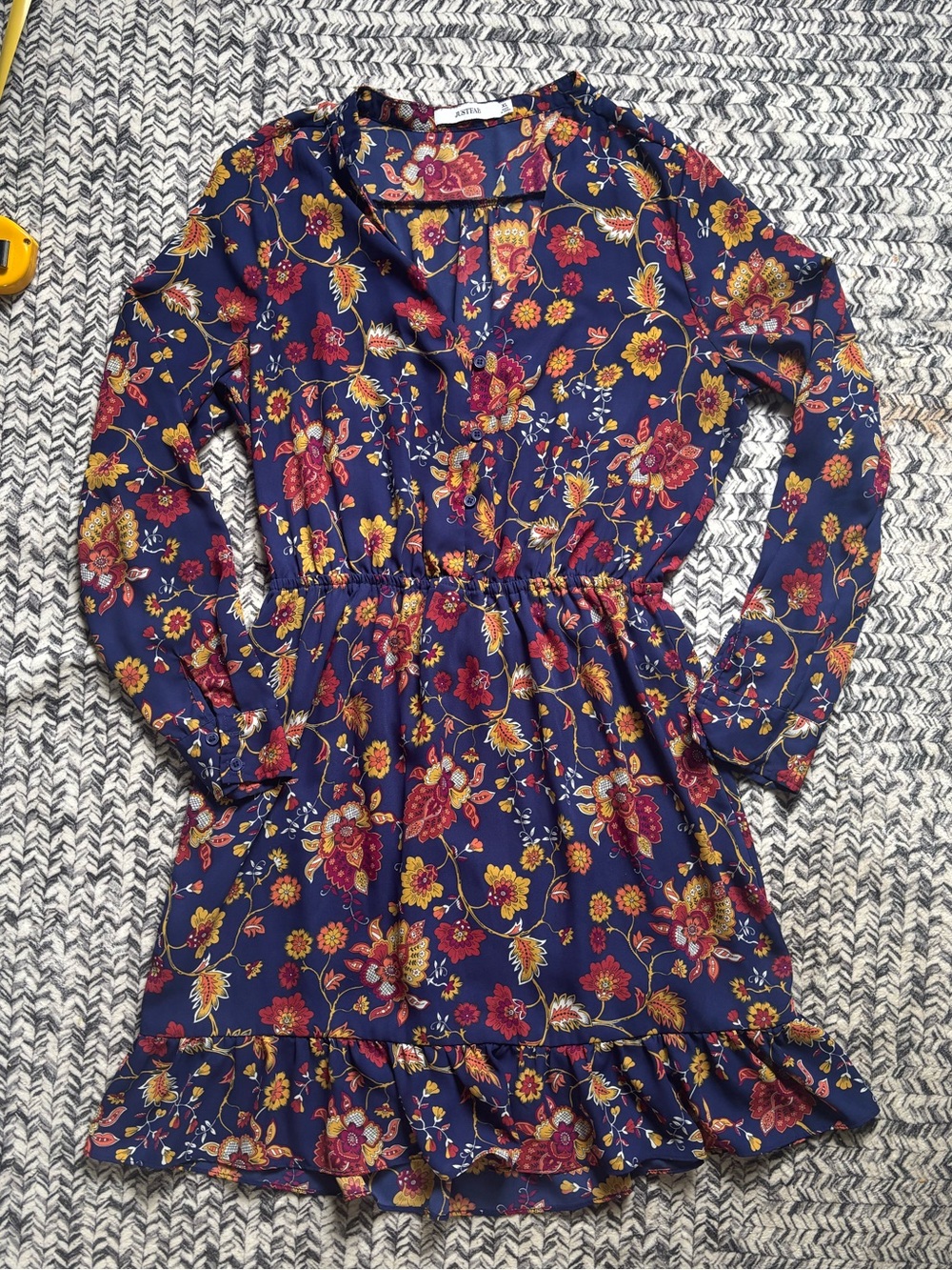 Navy Floral Ruffle Hem Long Sleeve Flowy Midi Dress Women’s XL